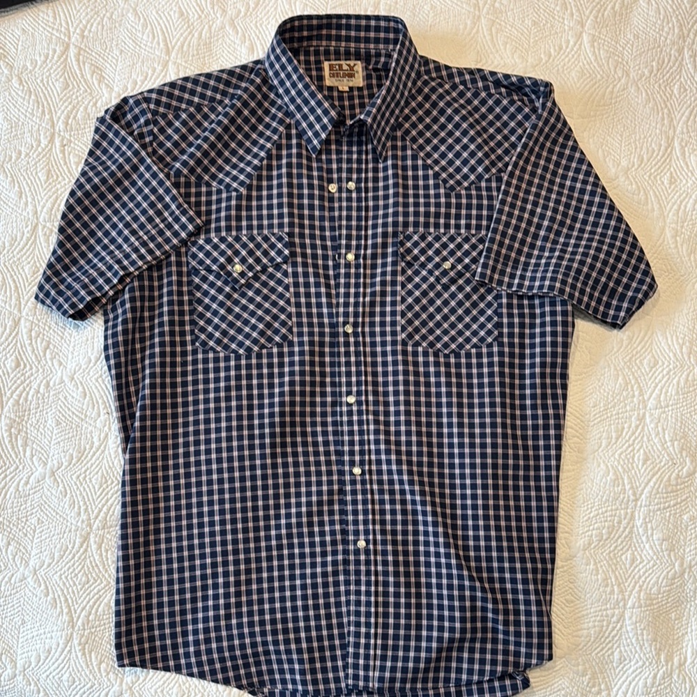 Ely Cattleman authentic Men's Short Sleeve Western Plaid Shirt - Navy/White